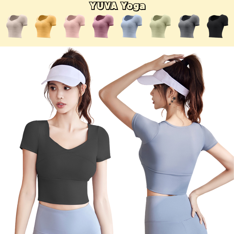 Sport Bra เสื้อโยคะแขนสั้น เสื้อยืดออกกำลังกาย มีฟองน้ำในตัว ดีไซน์สวย ผ้ายืดหยุ่นได้ดี เหมาะกับกีฬาหลายประเภท