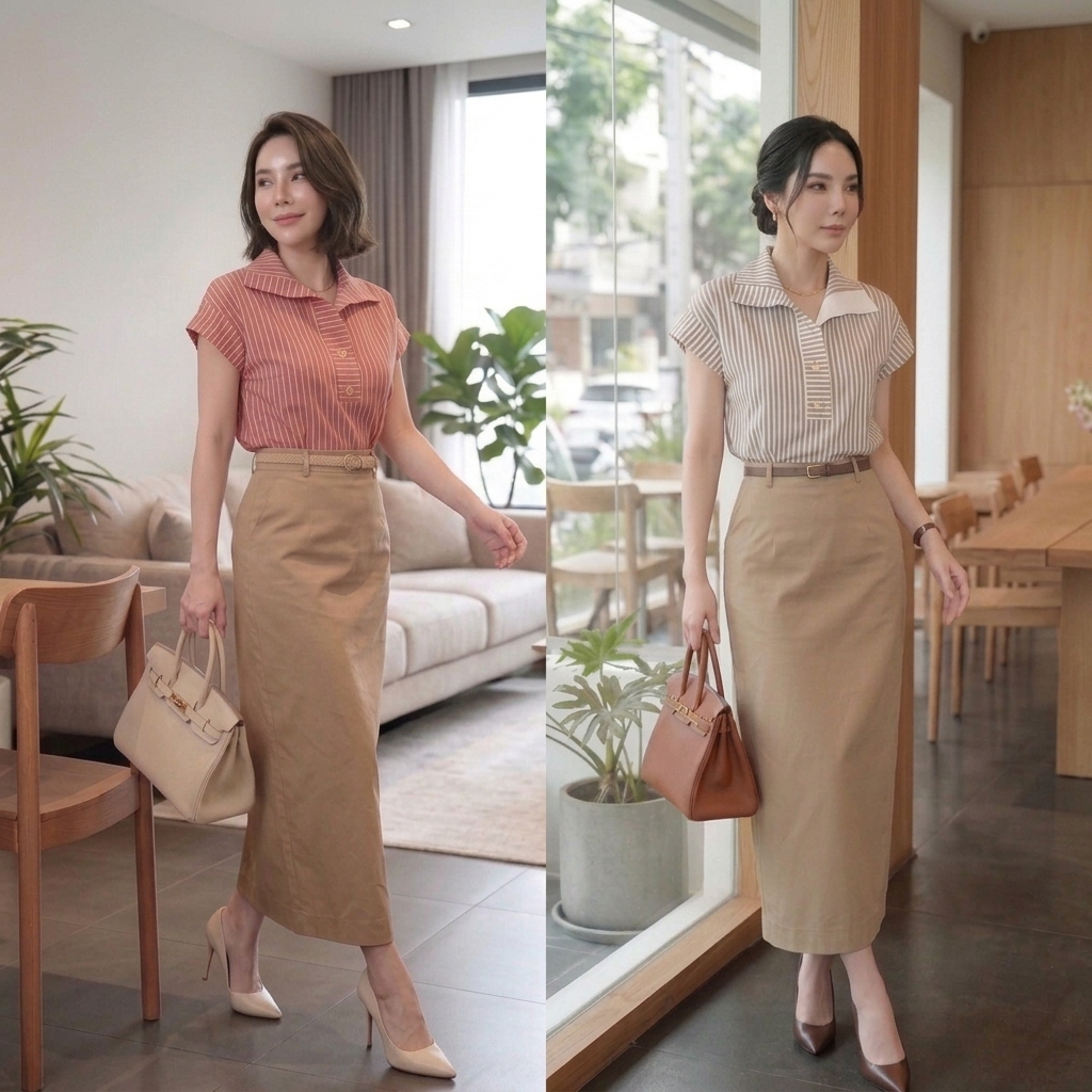 CT888  (เฉพาะเสื้อ) เสื้อเชิ้ตลายริ้วผู้หญิง ผ้าคอตตอนพรีเมียม
