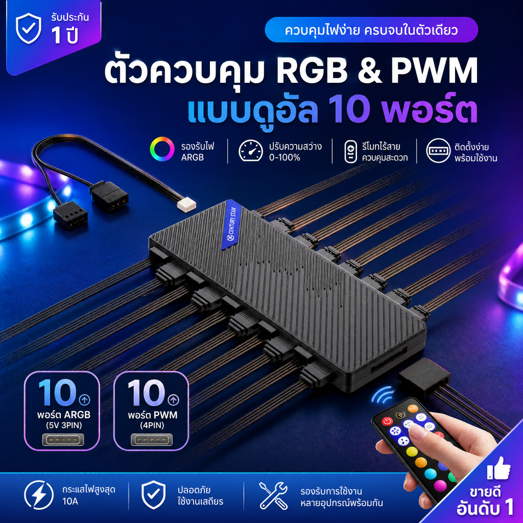 ฮับพัดลม ARGB PWM 10PWM+10ARGB สำหรับพัดลมเคสคอม ซิงค์ไฟเมนบอร์ด ควบคุมรอบ PC Fan Hub ตัวแยกสาย ปรับความเร็ว อุปกรณ์