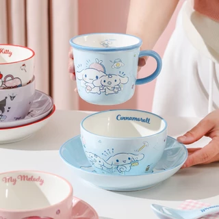 【ของแท้】Sanrio จานเซรามิก / ชาม / ช้อน รุ่นมิตรภาพ Kuromi Hello Kitty My Melody Cinnamoroll ใช้ไมโครเวฟอุ่นอาหารได้