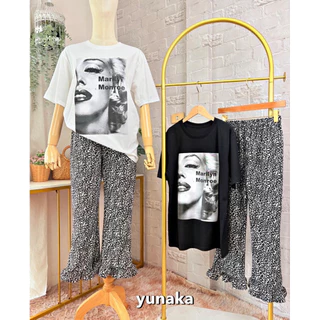 เซทเสื้อยืดคอกลมแขนสั้น ทรง Oversize งานสกรีนกลางอก มาพร้อมกางเกงขายาว6ส่วน ทรงขาม้าเข้ารูป