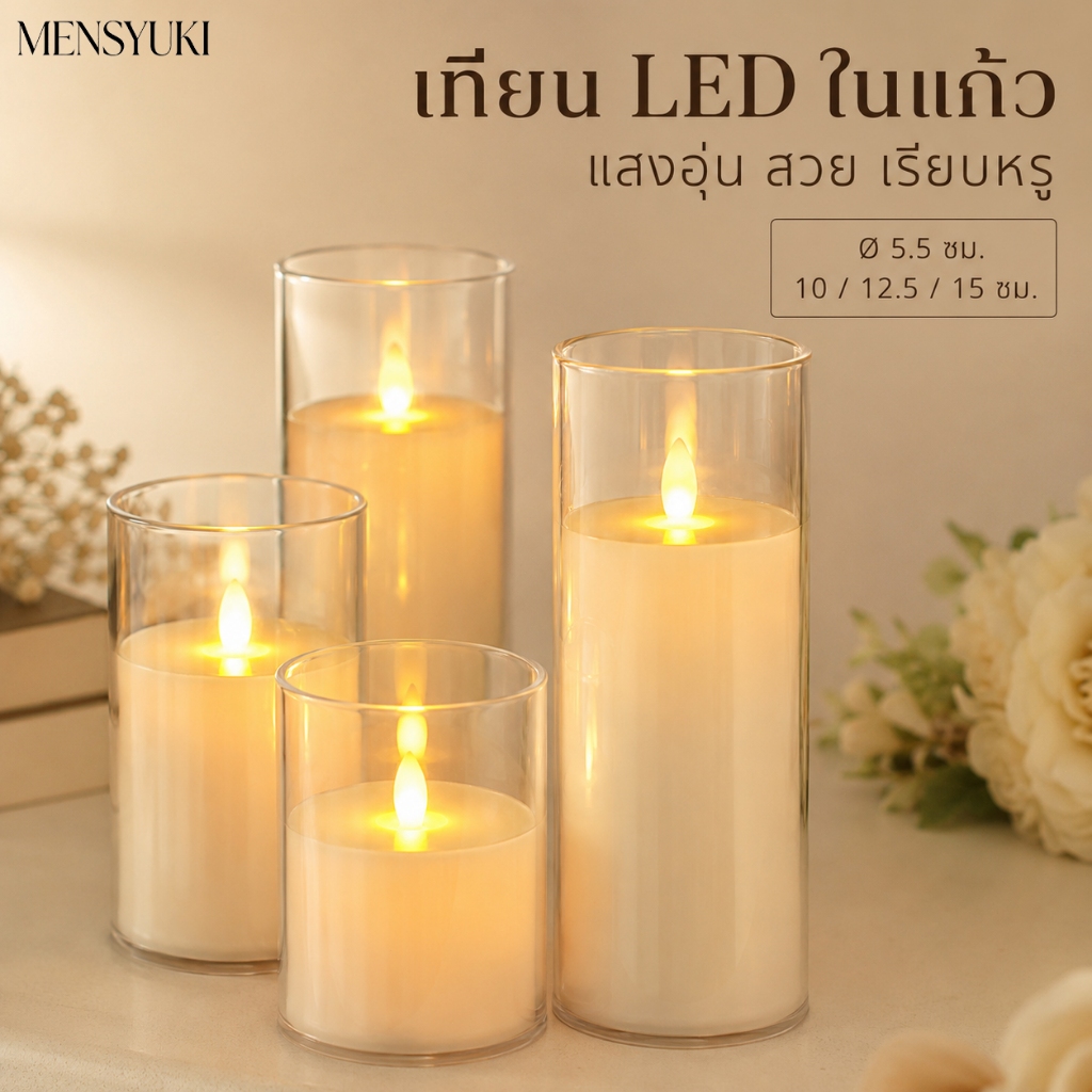 เทียนปลอมไร้เปลวไฟ LED แสงอบอุ่น สำหรับงานแต่งงาน วันเกิด และเทศกาล
