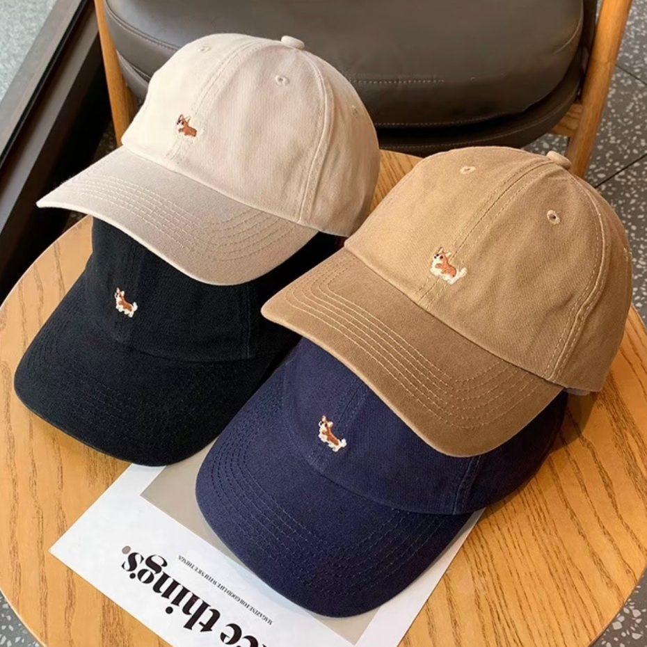 หมวกแก๊ปผ้านุ่ม ปักลายสุนัขน่ารัก หมวกเบสบอล กันแดด ปรับขนาดได้ ใส่ได้ทั้งชายหญิง สไตล์เกาหลี COD