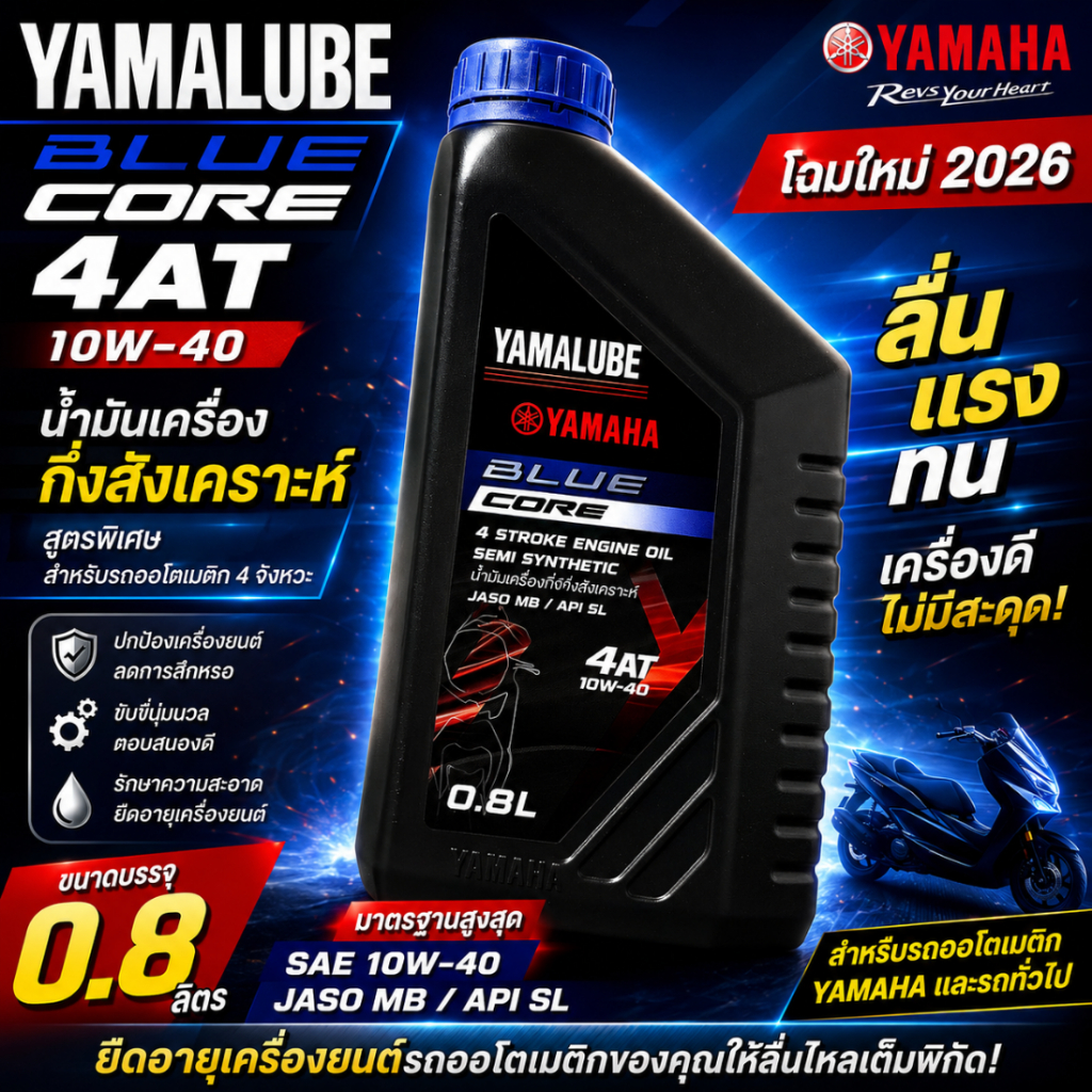 น้ำมันเครื่อง รถมอเตอร์ไซค์ YAMAHA YAMALUBE BLUE CORE 4AT Semi Synthetic 10W-40 โฉมใหม่ 2026 ขนาด 0.8 ลิตร