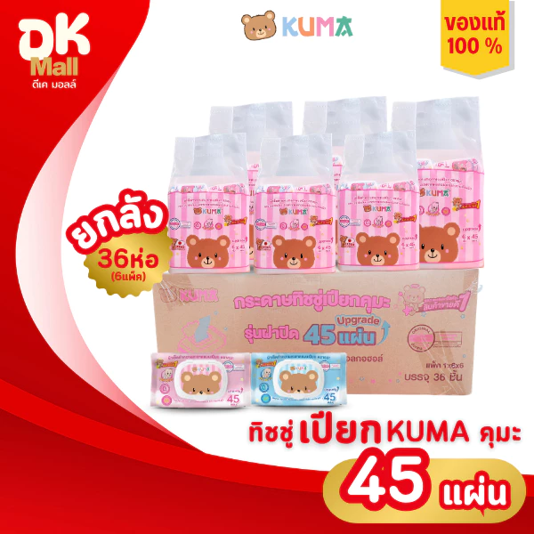 (live) [ ยกลัง ] Kuma ผ้าเช็ดทำความสะอาดผิวแบบเปียก ทิชชู่เปียกคุมะ 45 แผ่น (6แพ็ค 36ห่อ) 2สีในแพ็ค ฟ้า/ชมพู