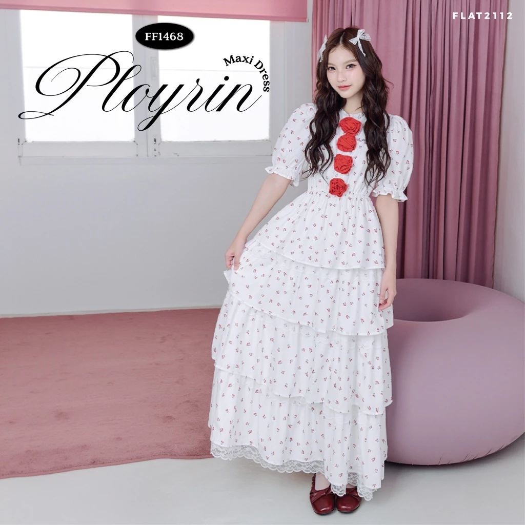 FLAT2112 : PLOYRIN MAXI DRESS เดรสยาวสีขาวลายเชอร์รี่สุดคิวต์ คอกลม แต่งดอกกุหลาบสีแดง เดรสชั้นๆ ชุดออกงาน (FF1468)