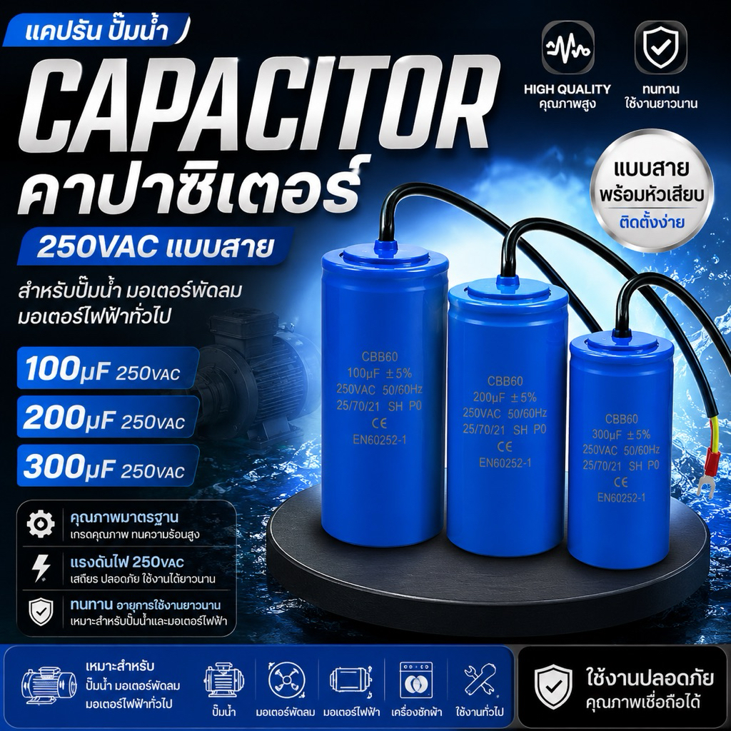 100uf 200uf 300uf 250vac แคปรัน  คาปาซิเตอร์ capacitor cap คอนนิเซอร์ ปั้มน้ำ แบบสาย