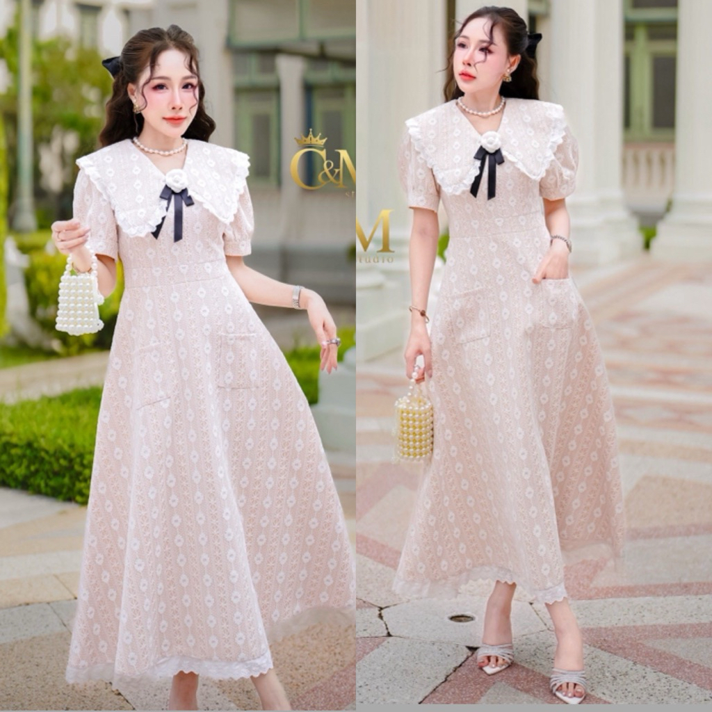 เดรสยาวผ้าลูกไม้คอปกS-4XL