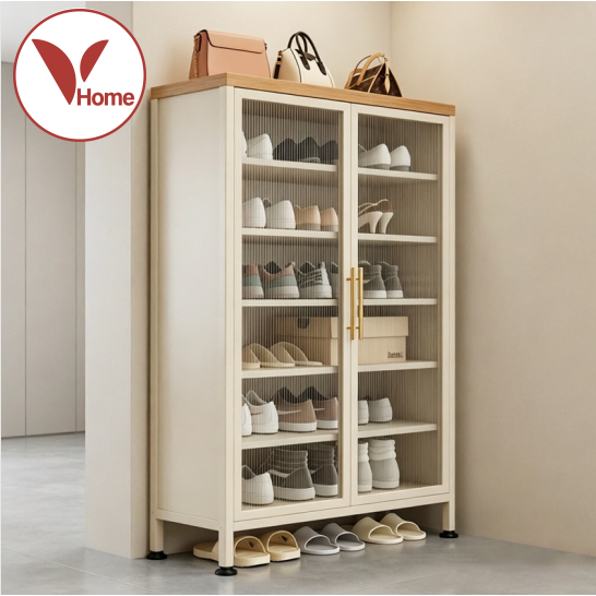 Vhome ตู้รองเท้าเหล็กตั้งพื้น โถงทางเข้า กันฝุ่น ความจุใหญ่ หลายชั้นจัดเก็บรองเท้าและของใช้ 5/7ชั้น