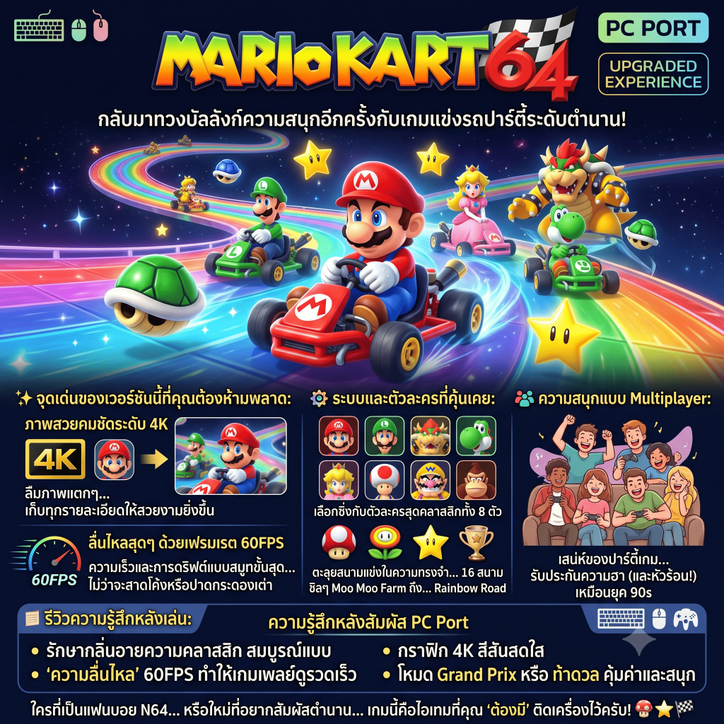 (PC Game) Mario Kart 64 ภาพคมชัดระดับ 4K ลื่นไหล 60FPS!