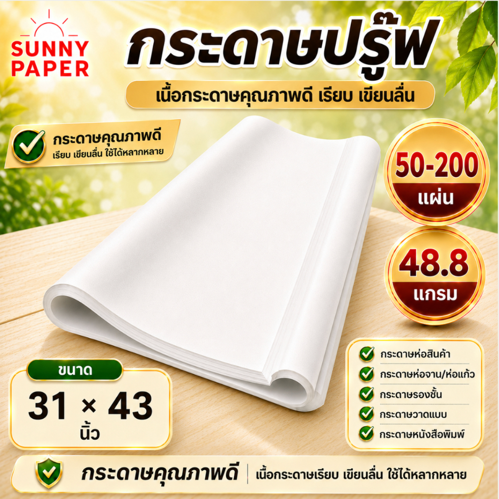 กระดาษปรู๊ฟ 48.8 แกรม ขนาด 31×43 นิ้ว ราคาโรงงาน ห่อสินค้า รองกันกระแทก งานเขียนแบบ ออกใบกำกับภาษีได้ค่ะ