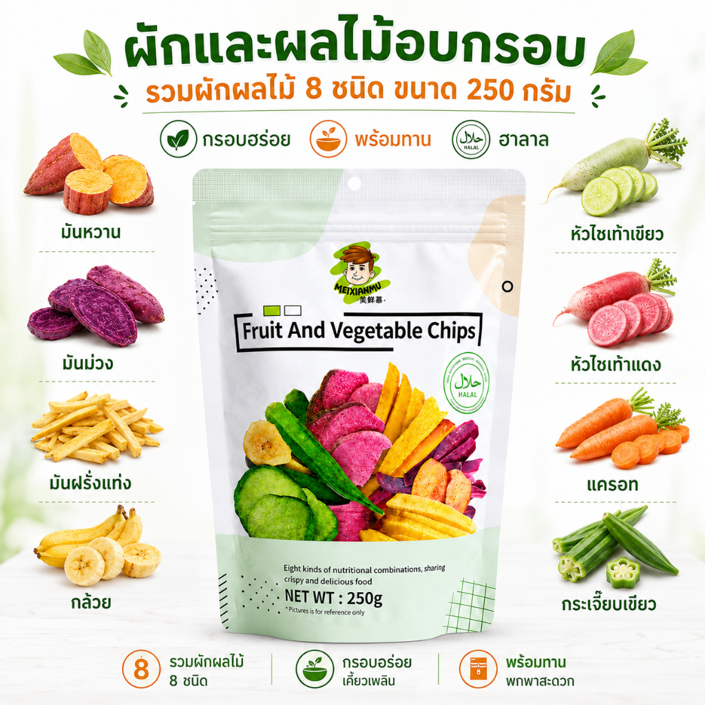 ผักผลไม้อบกรอบรวม 8 ชนิด 250 กรัม ราคาคุ้มค่า กรอบอร่อย พร้อมทาน ของว่างพกง่าย พร้อมส่ง
