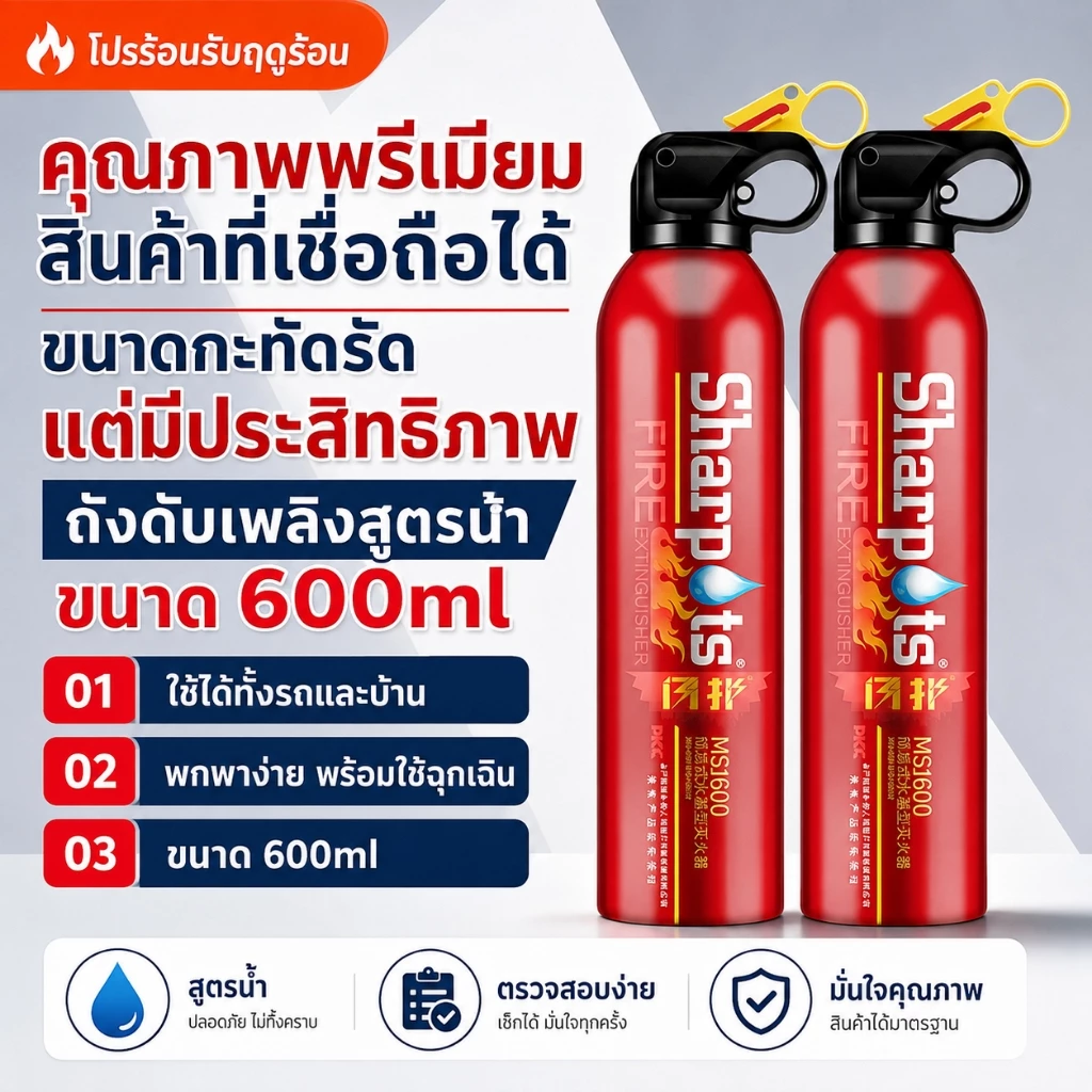 ถังดับเพลิงสูตรน้ำ 600ml แบบพกพา สำหรับรถยนต์และบ้าน ใช้งานฉุกเฉิน ขนาดกะทัดรัด ใช้งานง่าย พร้อมใช้