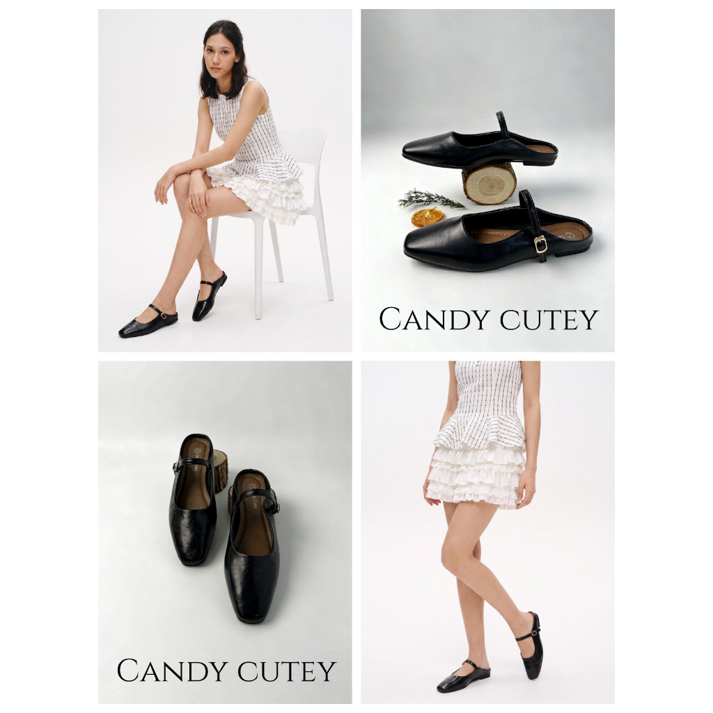 CandyCutey รองเท้ามูลสไตล์ฝรั่งเศส รองเท้าแตะครึ่งหุ้มเท้า แบนราบ ใส่ออกกลางแจ้ง พื้นนุ่มกันลื่น สวมใส่ง่ายสไตล์ลำลอง