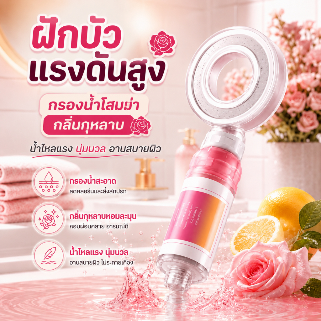 ฝักบัวหอม ฝักบัวแรงดัน พร้อมกลิ่นหอมอโรมากลิ่นกุหลาบ กรองน้ำบริสุทธิ์ นุ่มนวลต่อผิว เหมาะสำหรับห้องน้ำ