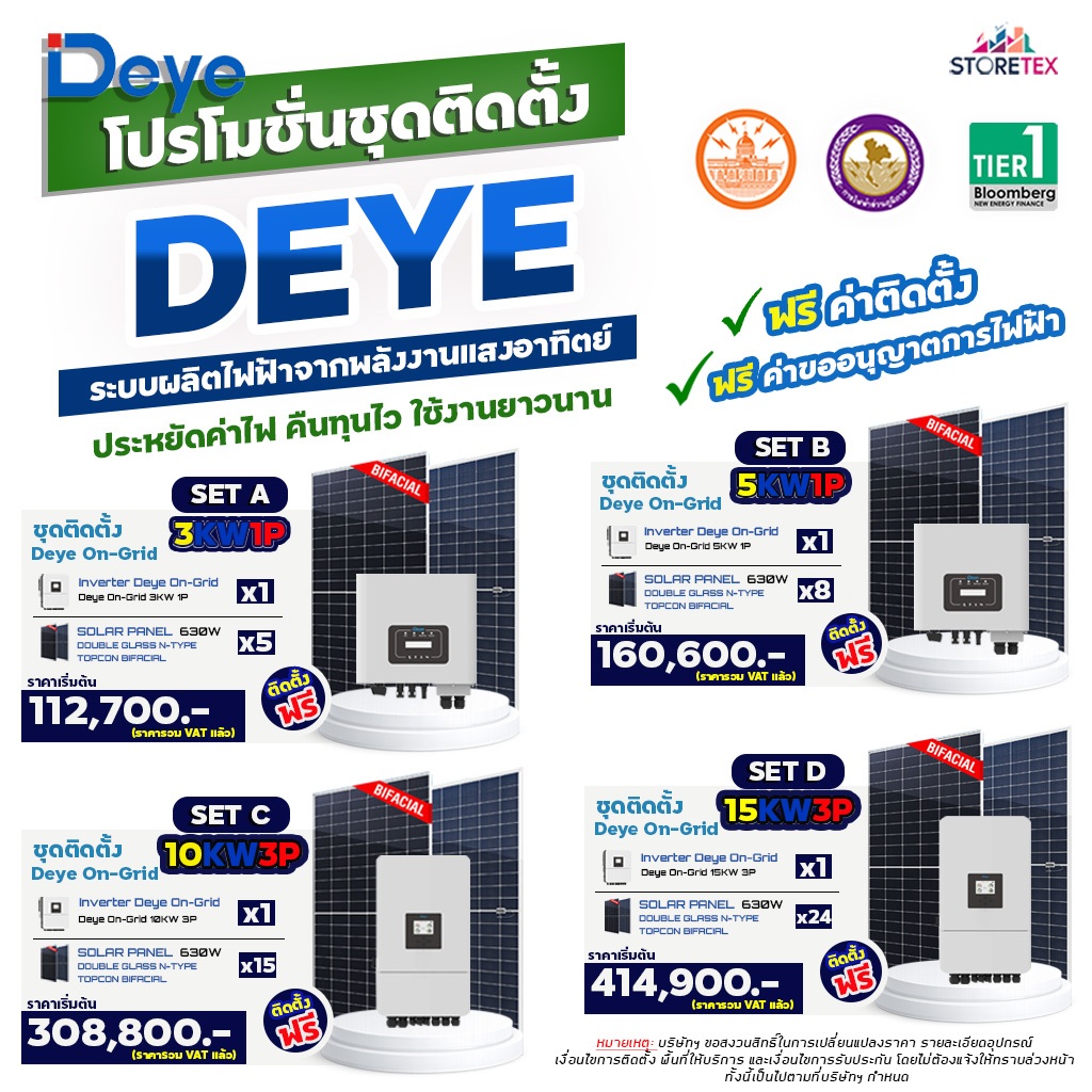 Deye Ongrid ชุดโซลาร์เซลล์ 3KW 5KW 10KW 15KW แผงโซลาร์ TopCon Bifacial อุปกรณ์ครบพร้อมบริการติดตั้ง