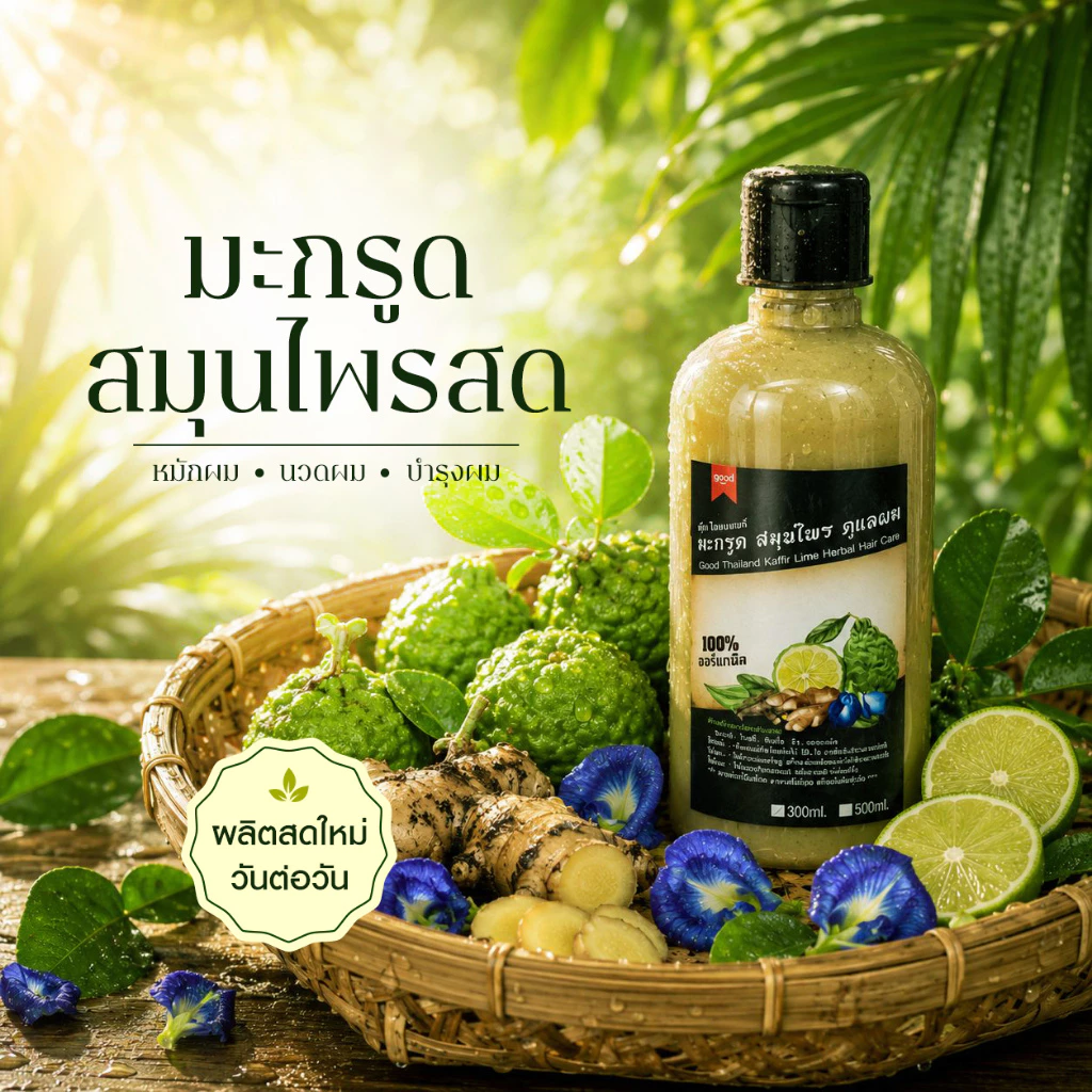 สูตรโบราณไร้สารเคมี มะกรูดสมุนไพรสด ORGANIC 500ml ลดคัน แชมพูลดผมร่วง ลดรังแค หมักผม นวดผม,ของขวัญวันแม่
