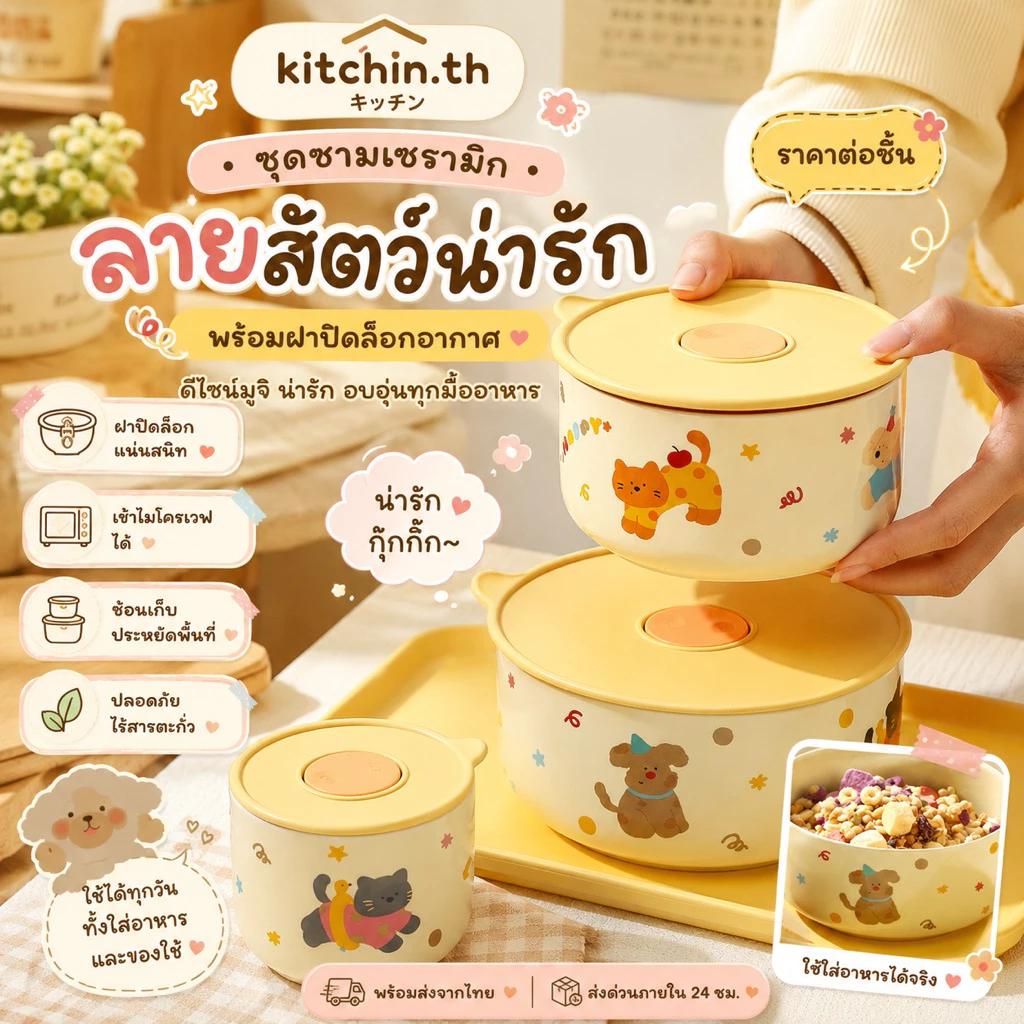 ถ้วยเซรามิรพร้อมฝา กล่องอาหารเซรามิก รุปน้องสุนัข น้องแมว กระปุกข้าว กล่องข้าว เข้าไมโครเวฟ แช่เย็นได้