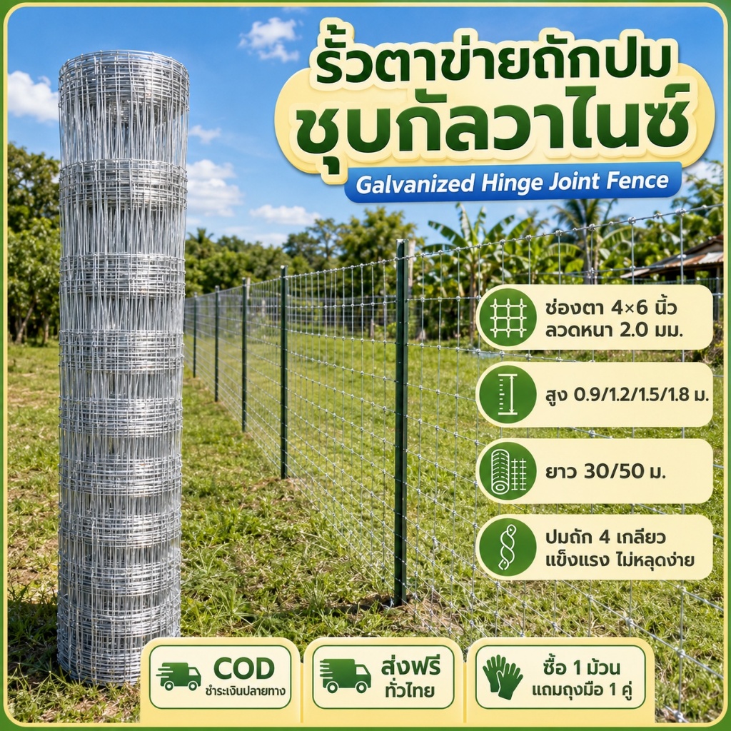 รั้วถักปม รั้วตาข่ายแรงดึง ยาว50m ไม่เกิดสนิม ลวดตาข่ายถักปม ลวดล้อมคอกม้า วัว แพะ ตาข่าย