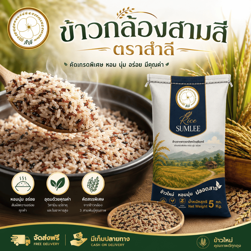 ข้าวกล้องสามสี (5 กก.) ตราสำลี ข้าวเพื่อสุขภาพ ปลอดสาร ใยอาหารสูง Low GI / Brown Rice 5 kg. SUMLEE RICE