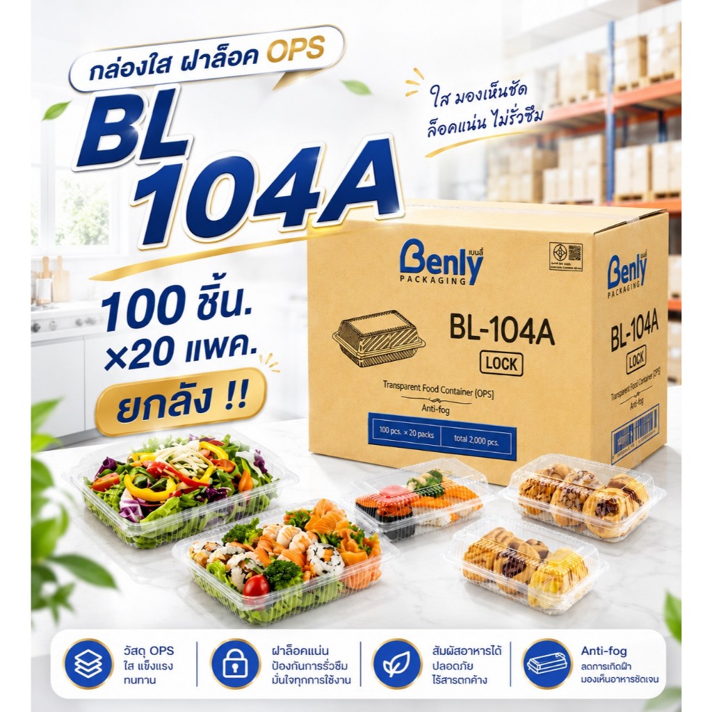 กล่องข้าวBL-104A ฝาล็อก ยกลัง2000ใบ OPSใสไม่เป็นไอน้ำ กล่องใส่อาหารตามสั่ง