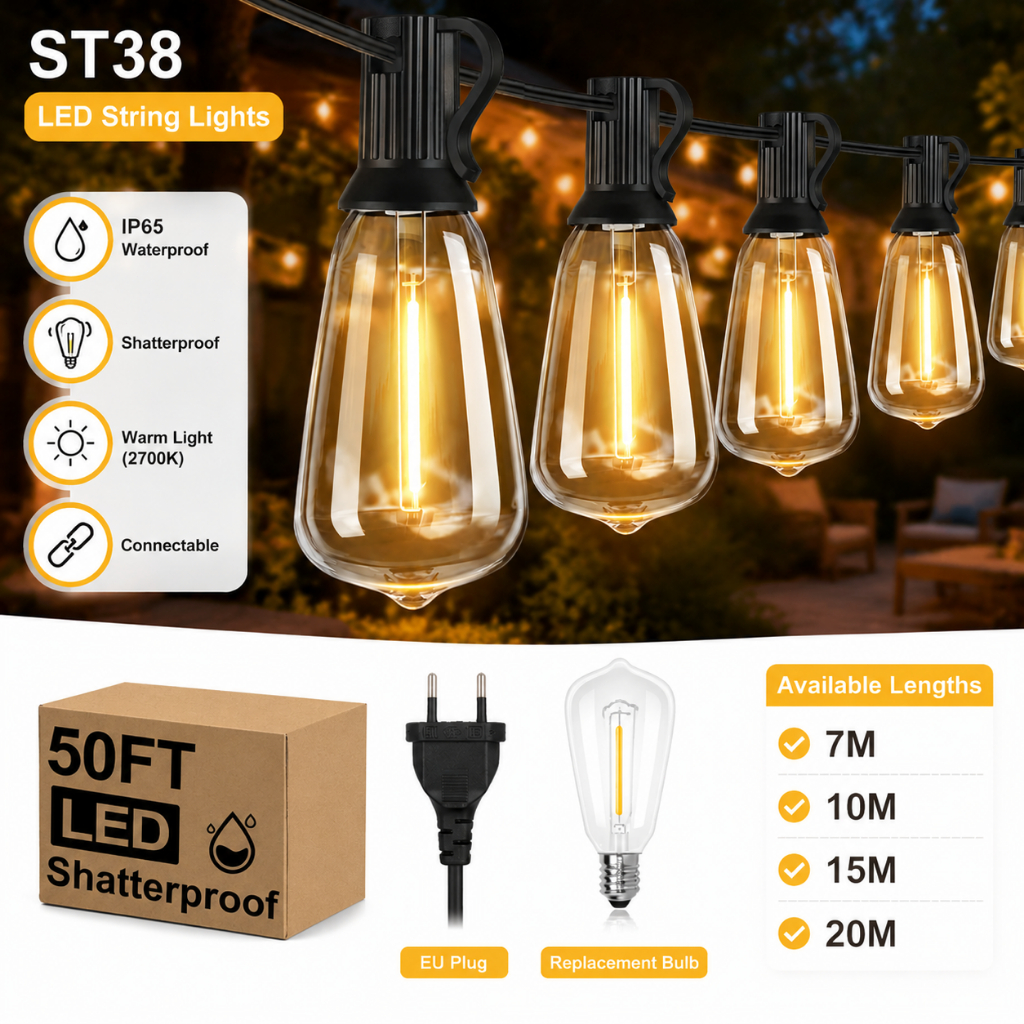 Qimedo ไฟประดับกลางแจ้ง LED ST38 กันน้ำ ไฟสตริงวินเทจ แขวนสวนระเบียง โทนอบอุ่น 2700K ตกแต่งบ้าน กันแตก
