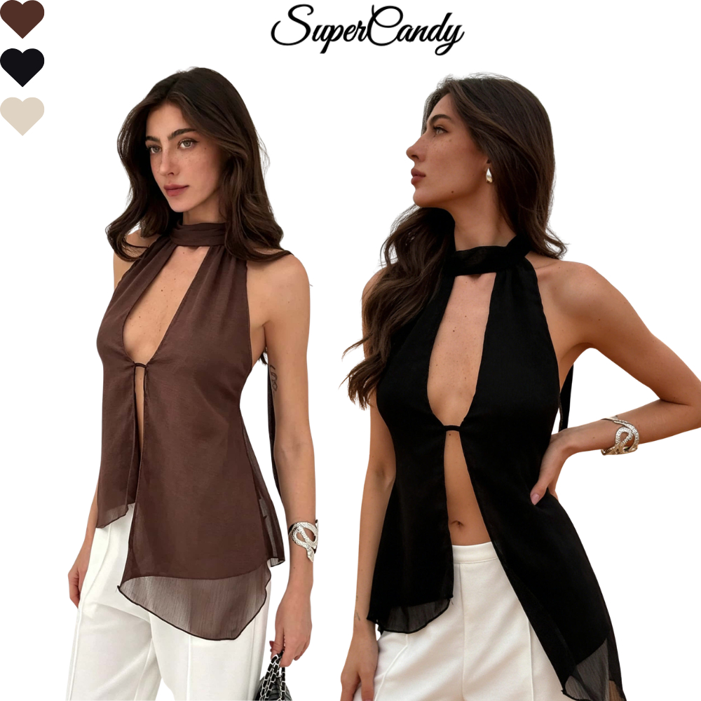 SuperCandy เสื้อกั๊กสายเดี่ยวเซ็กซี่ เสื้อกล้ามสีดำแบบเจาะรู สไตล์ยุโรปและอเมริกา แขนกุด สามารถใส่เป็นเสื้อคลุมได้