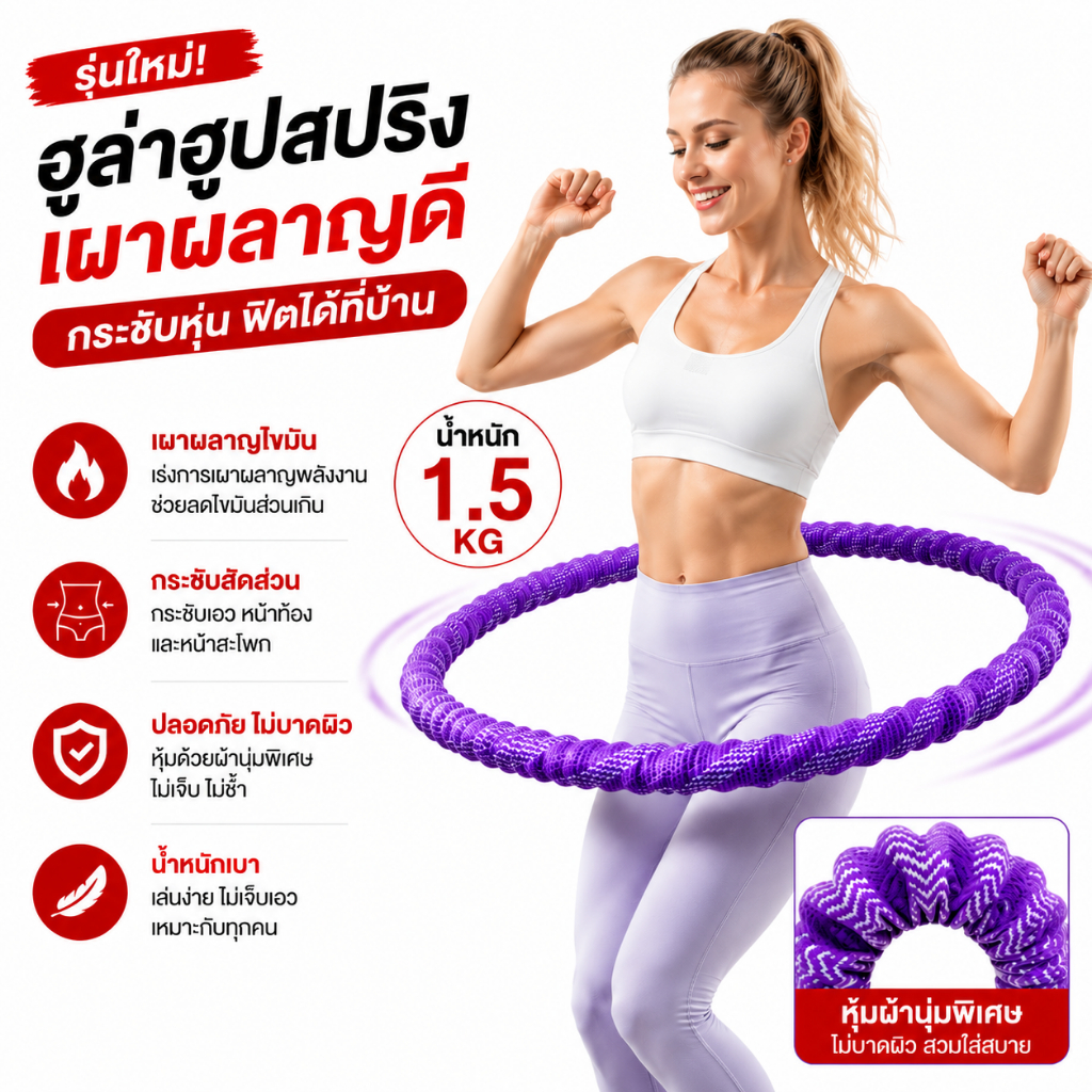 ฮูล่าฮูปสปริง ️ห่วงฮูลาฮูปสปริง น้ำหนักเบา โครงสร้างยืดหยุ่น นุ่มสบาย เผาผลาญไขมัน กระชับเอว น้ำหนัก 1.5kg