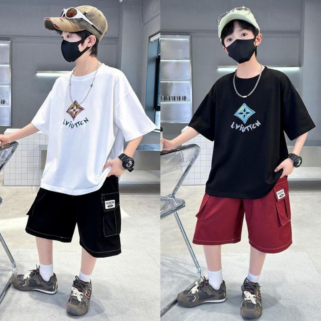 ML-775ชุดเซ็ตเด็กผู้ชาย 2ชิ้น สไตล์สตรีท(เสื้อโอเวอร์ไซซ์+กางเกงคาร์โก้) สไตล์เกาหลี หล่อเท่ ใส่สบาย 5-14ปี พร้อมส่ง
