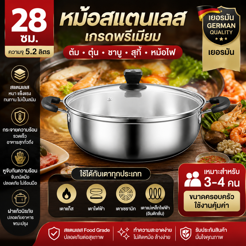 รับประกัน 1 ปี หม้อสแตนเลส 28cm คุณภาพสูง ก้นหม้อกระจายความร้อนเร็ว มือจับกันร้อน ฝาแก้วมองเห็นอาหาร เหมาะสำหรับ 3-4 คน