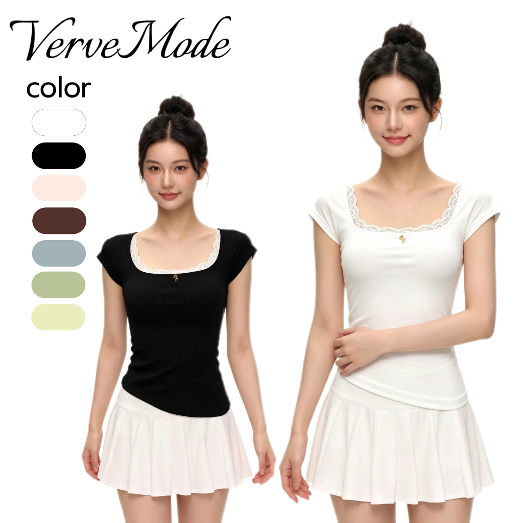 VerveMode. จัดส่งในประเทศไทย เสื้อยืดแขนสั้นทรงสวยเซ็กซี่ คอกลมกว้าง ตกแต่งด้วยลูกไม้