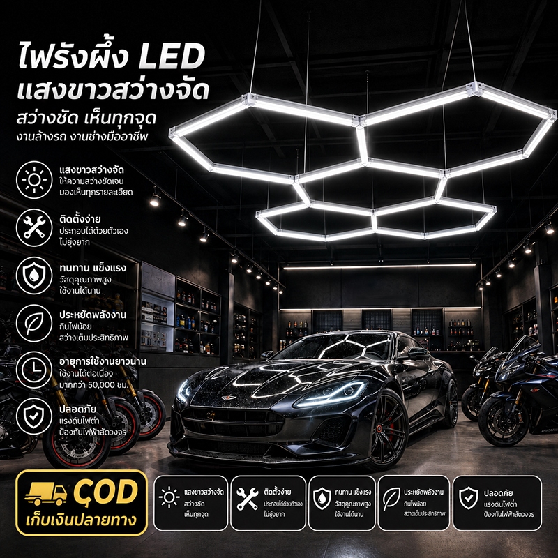 โคมไฟเพดานรังผึ้ง LED สว่างชัดเห็นทุกจุด ประหยัดไฟ ความสว่างสม่ำเสมอ เหมาะใช้งานโรงซ่อมรถ โรงรถส่วนตัว โชว์รูมรถยนต์