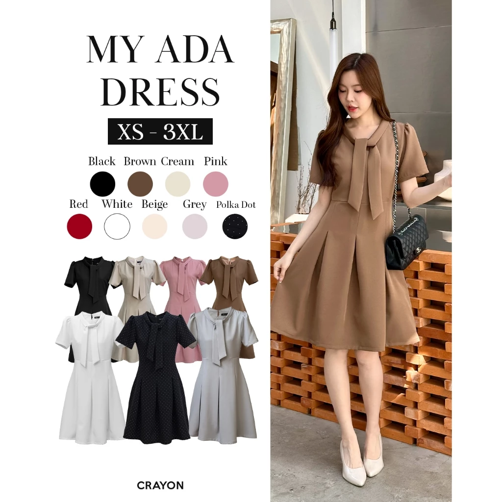 (XS-3XL) My ada dress - ชุดเดรสทำงาน ชุดทำงานผู้หญิง เครสคอไทด์ กระโปรงจีบทวิสน่ารัก - CRAYONBRAND