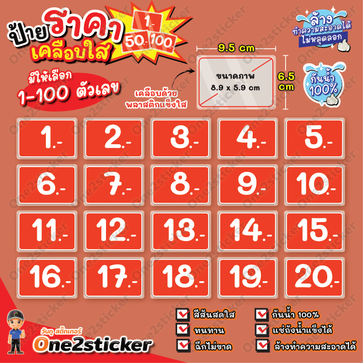 ป้ายตัวเลข มีให้เลือก 1-100 สีแดง ขนาดเล็ก 9.5 cm x 6.5 cm กันน้ำ100%