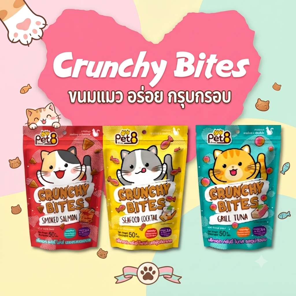 Pet8 ขนมแมว กรุ๊บกรอบ ครันชี่ ไบทส์ 50g สูตรลดเค็ม เสริมOmega 3&6 และ zinc ช่วยบำรุงขน