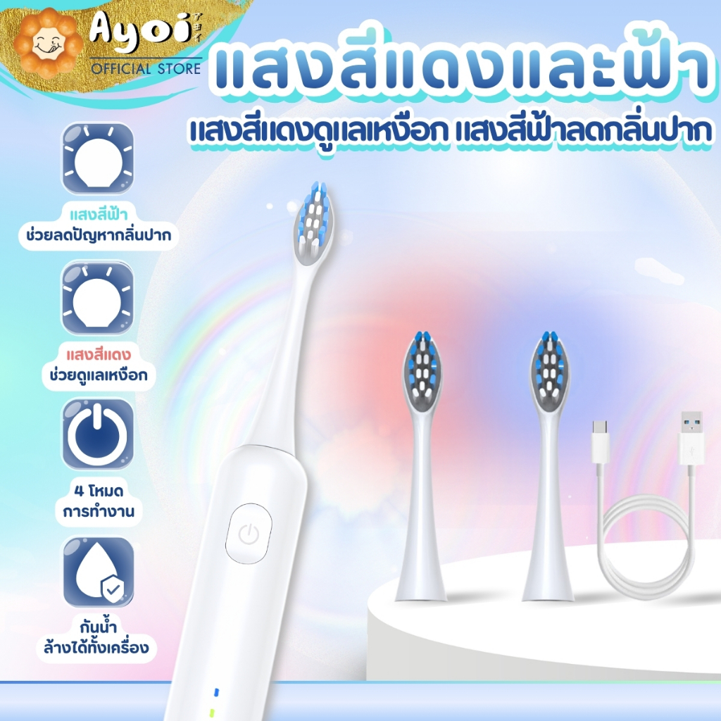 แปรงสีฟันไฟฟ้า Sonic 4 โหมด ชาร์จ Type-C กันน้ำ IPX7 หัวแปรงแสงแดง+แสงฟ้า ดูแลเหงือกและฟัน A24