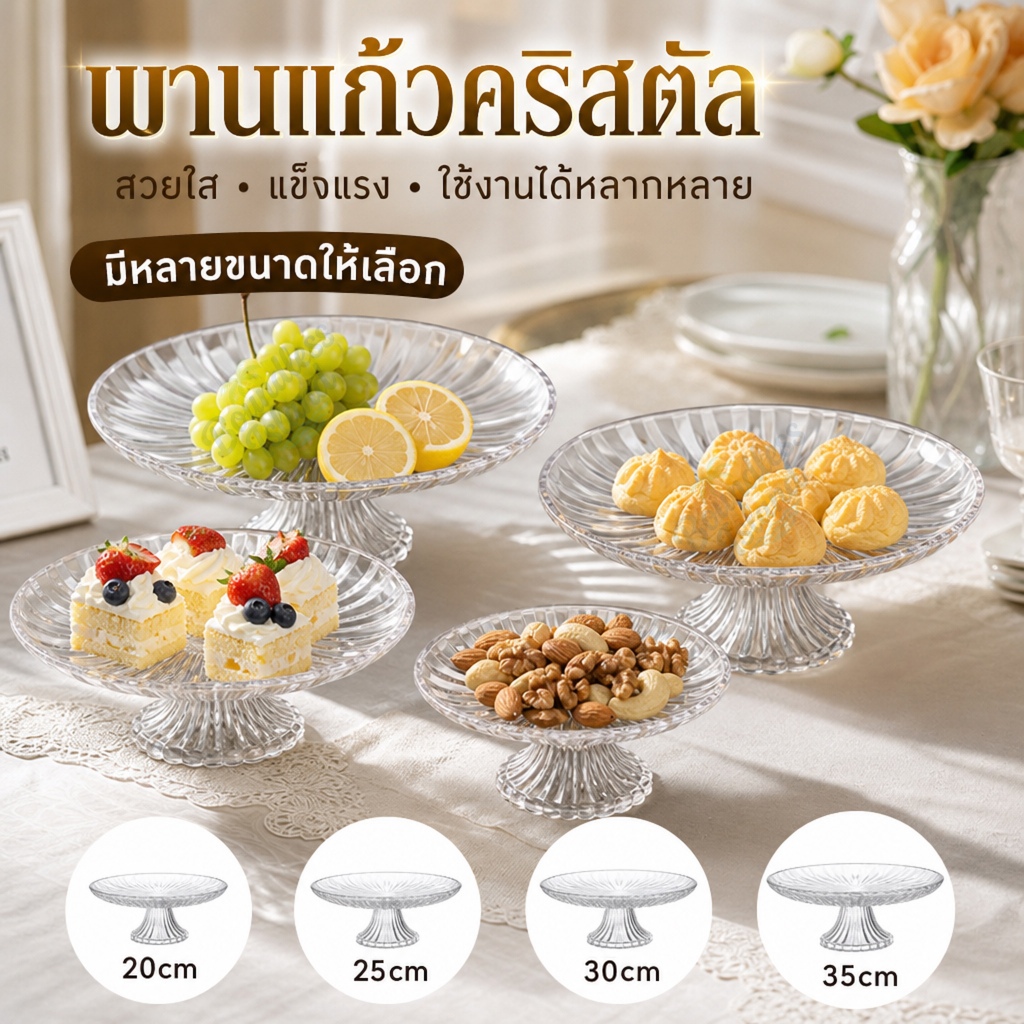 (พร้อมส่ง)พานแก้วคริสตัล ผลไม้ หรูหรา พานแก้ว สำหรับวางพระ พวงมาลัย มีหลายขนาดสามารถเลือกได้
