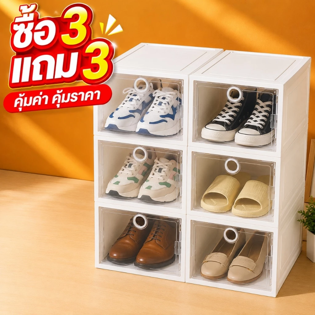 🔥ซื้อ 3 แถม 3🔥 กล่องรองเท้า ทรงแข็งวางซ้อนได้สูง ชั้นวางรองเท้า พลาสติกใสหนา ฝาเปิดง่าย จัดระเบียบรองเท้า COD