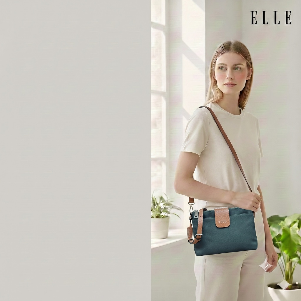 ELLE حقيبة كروس عسكرية نايلون بحواف جلد طبيعي