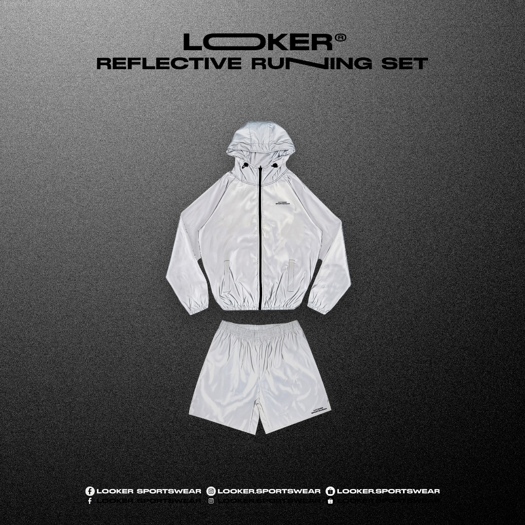 LOOKER เซ็ตชุดวิ่งสะท้อนแสง เสื้อแจ็คเก็ต+กางเกงขาสั้น ผ้าร่ม ชุดออกกำลังกาย Reflective Running Set
