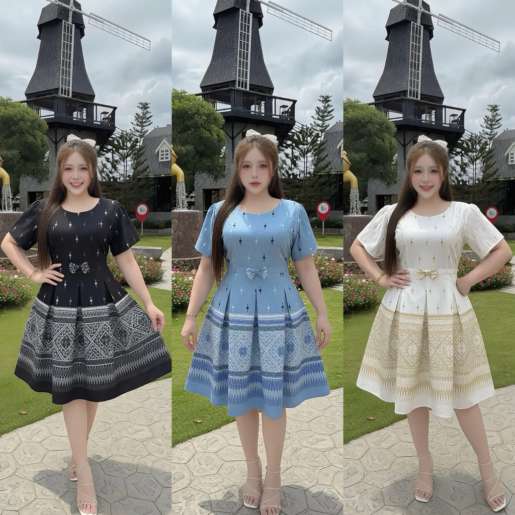 S233ชุดเดรสผ้าฝ้ายพิมพ์ลาย มีไซส์ L XL 2XL อก 40-62 ใส่ออกงานได้