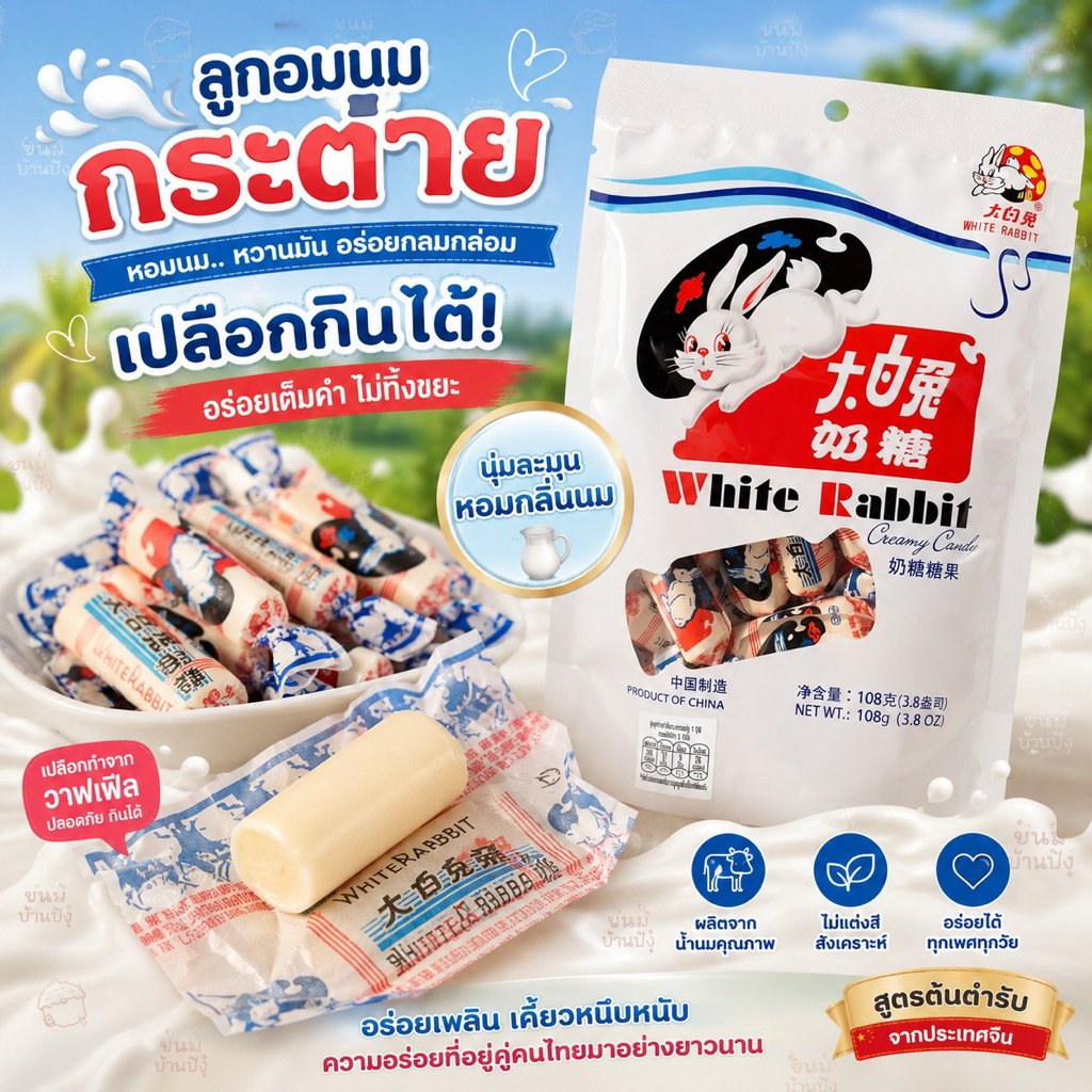 (1ห่อ)ลูกอมนมกระต่ายขาว ลูกอมรสนม เคี้ยวหนึบ ท๊อฟฟี่รสนม (108 กรัม/ห่อ)