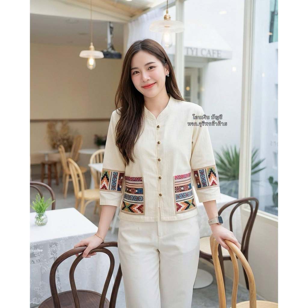 เสื้อพื้นเมืองหญิง คอจีนแขนยาว แต่งผ้าทอ โทนขาวครีม