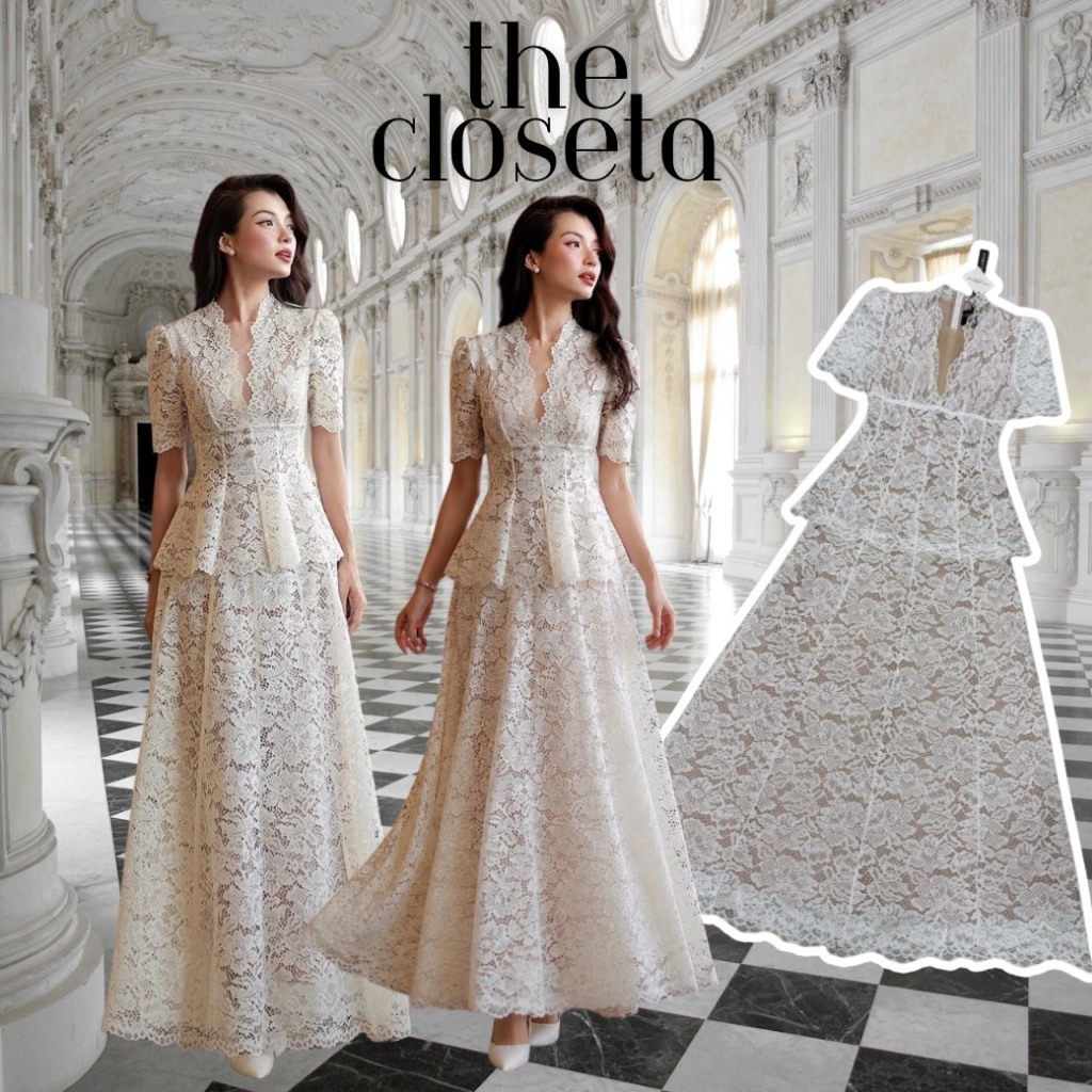 THE CLOSETA : LB651 ชุดเซ็ทเสื้อลูกไม้แขนสั้นคอวี พร้อมกระโปรงลูกไม้ยาว