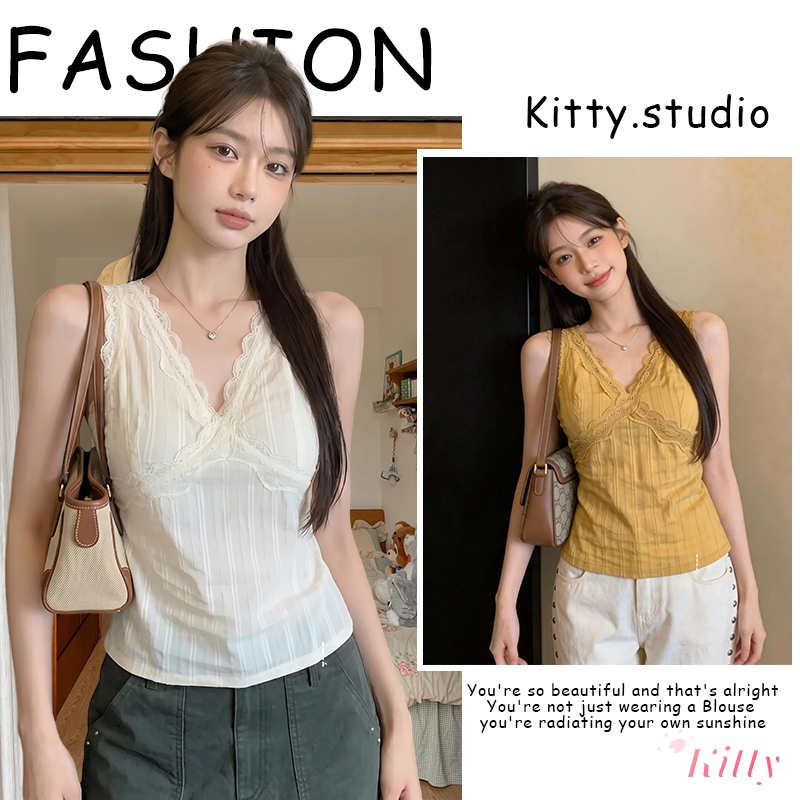 Kitty พร้อมส่ง✨เสื้อกล้ามสายเดี่ยว แต่งขอบลูกไม้ คอวี สายผูกหลัง ทรงสลิมฟิต สไตล์เกาหลี น่ารักเซ็กซี่