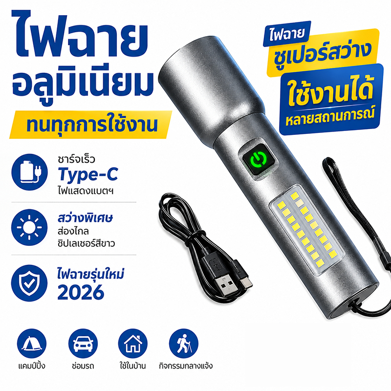 ไฟฉายซุปเปอร์สว่าง โหมดแสงขาวแรงสูง ชาร์จไวพอร์ต Type-C ไฟข้างอเนกประสงค์ ตัวเรือนอลูมิเนียม แข็งแรง เบา พกพาสะดวก