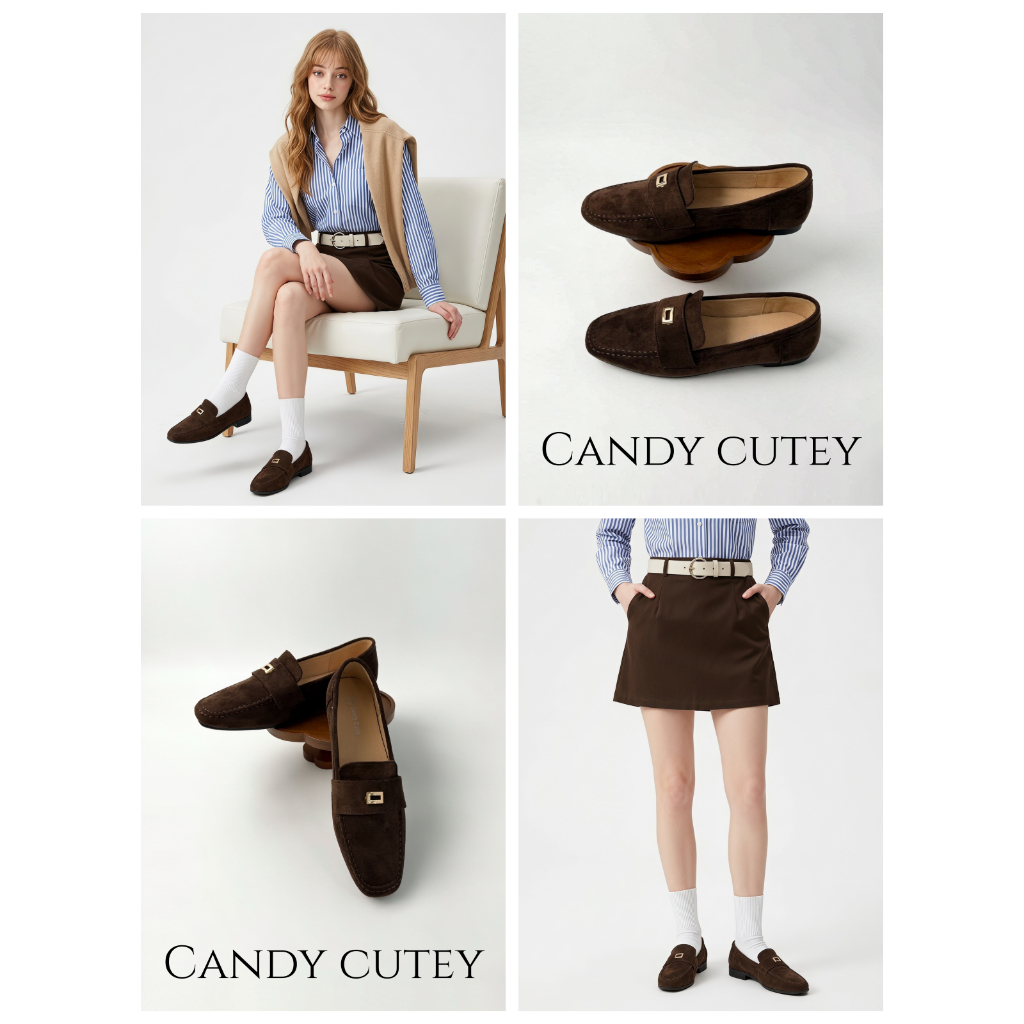 CandyCuteyรองเท้าโลฟเฟอร์ผู้หญิงหนังกลับ ตกแต่งเข็มกลัดโลหะสี่เหลี่ยม พื้นราบพื้นนุ่ม สวมใส่ง่าย ฟชั่นลำลองทำงานประจำวัน