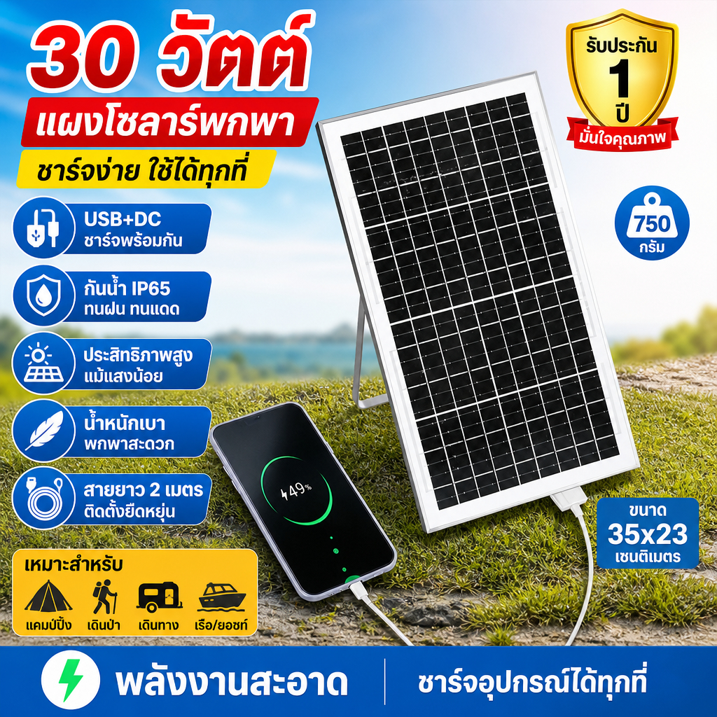 แผงโซล่าเซลล์พกพา 30W ชาร์จ USB+DC 5V/2.4A กันน้ำ IP65 ใช้ชาร์จมือถือ แท็บเล็ต อุปกรณ์กลางแจ้ง สายยาว 2 เมตร พับเก็บง่าย