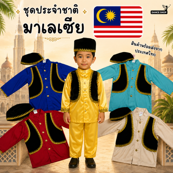 ชุดมาเลเซีย#3 และชุดประจำชาติบรูไนเด็กผู้ชาย เสื้อกั๊กปักขอบเลื่อม พร้อมส่งจากประเทศไทย