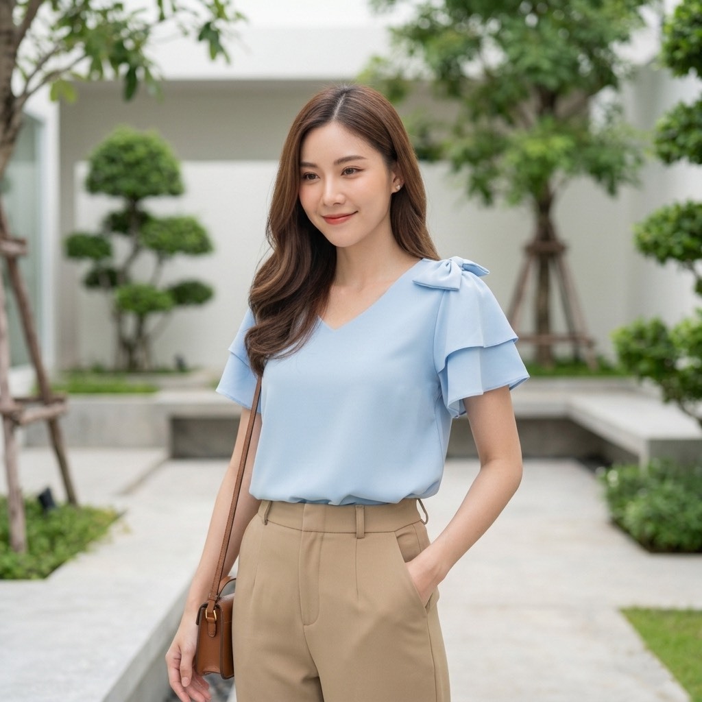 เสื้อคอวี โบว์ไหล่ แขน2ชั้น V-Bow Layer Top | เสื้อโบว์ไหล่ ส่งไว เก็บโค้ดหน้ากิจกรรม โค้ดลด 30% สูงสุด 150.-